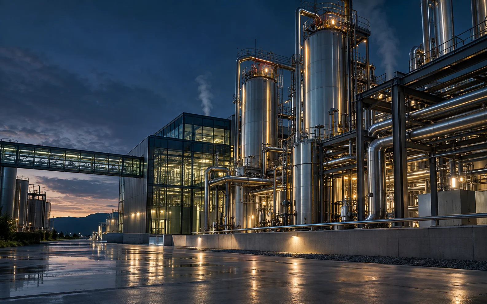 Illuminated stainless-steel reactors and research buildings at an advanced materials campus