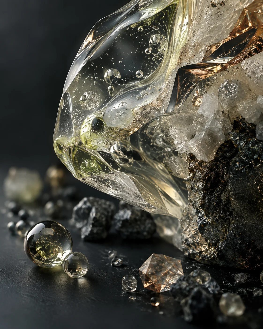 Translucent engineered polymer and crystalline mineral structures in macro detail