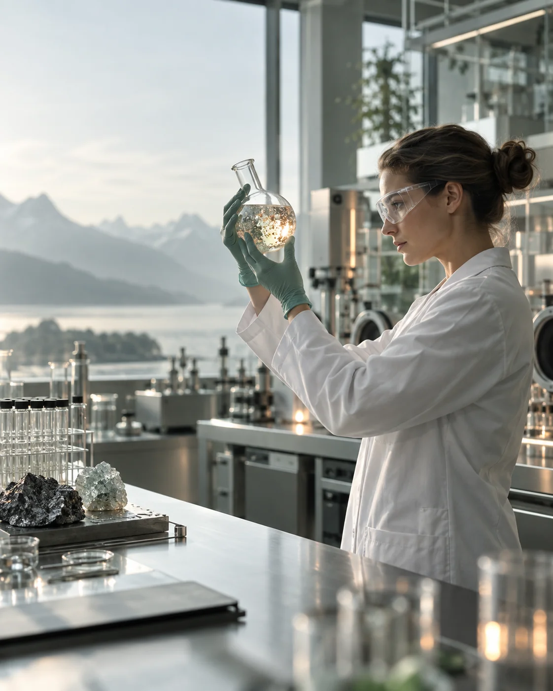 A NEXORA scientist examining a material sample in a modern research laboratory